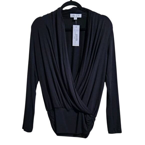 AMOUR VERT Angela Dream Knit Surplice Top S Black L/S Wrap Front Balletcore NEW - Picture 2 of 8